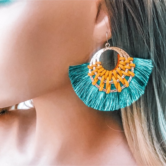 NEW! Emerald Mustard Hoop Tassel Hoop Earrings - Picture 2 of 11